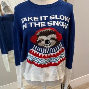 H&M Navy and White Sweater with sloth Motif